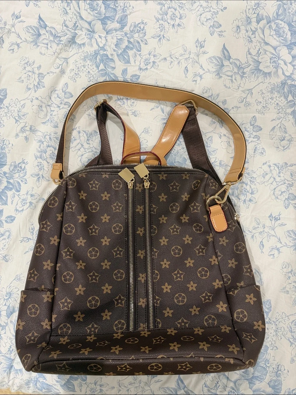 Monogram-Style Brown Backpack with Tan Accents with matching pouch wallet